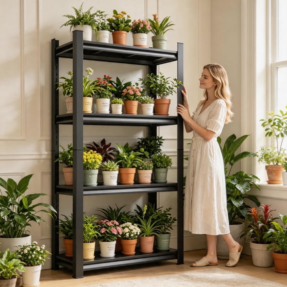 4-Tier FreeStanding Green Plant Storage Rack, Indoor*Outdoor Universal Metal Corner Flower Stand, Heavy-Duty Flower Pot Storage Rack for Garden, Courtyard, Bedroom, & Basement, 32"W*12"D*44"H