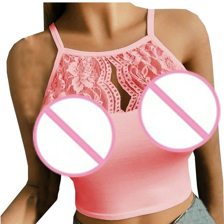 Yeahitch Lace Bralette for Women High Neck Camisoles Racerback  Double-Layered Crop Tank Top Pink XXL