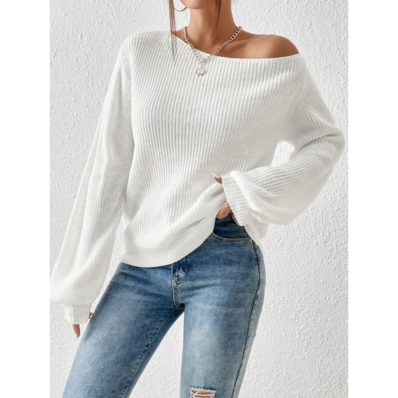 Womens Crew Neck Sweater Fall Winter Trendy Long Sleeve Casual Top Comfortable Daily Wear Cold-Shoulder Pullover White S