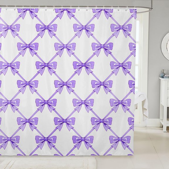 Purple Bow Shower Curtain For Bathroom Aesthetic Diamond Ribbon Fabric Waterproof Bath Curtain With Hooks 71x71 inches