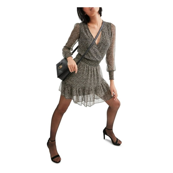 MICHAEL KORS Womens Brown Ruffled Glitter Smocked Animal Print Long Sleeve V Neck Mini Party Fit Flare Dress S