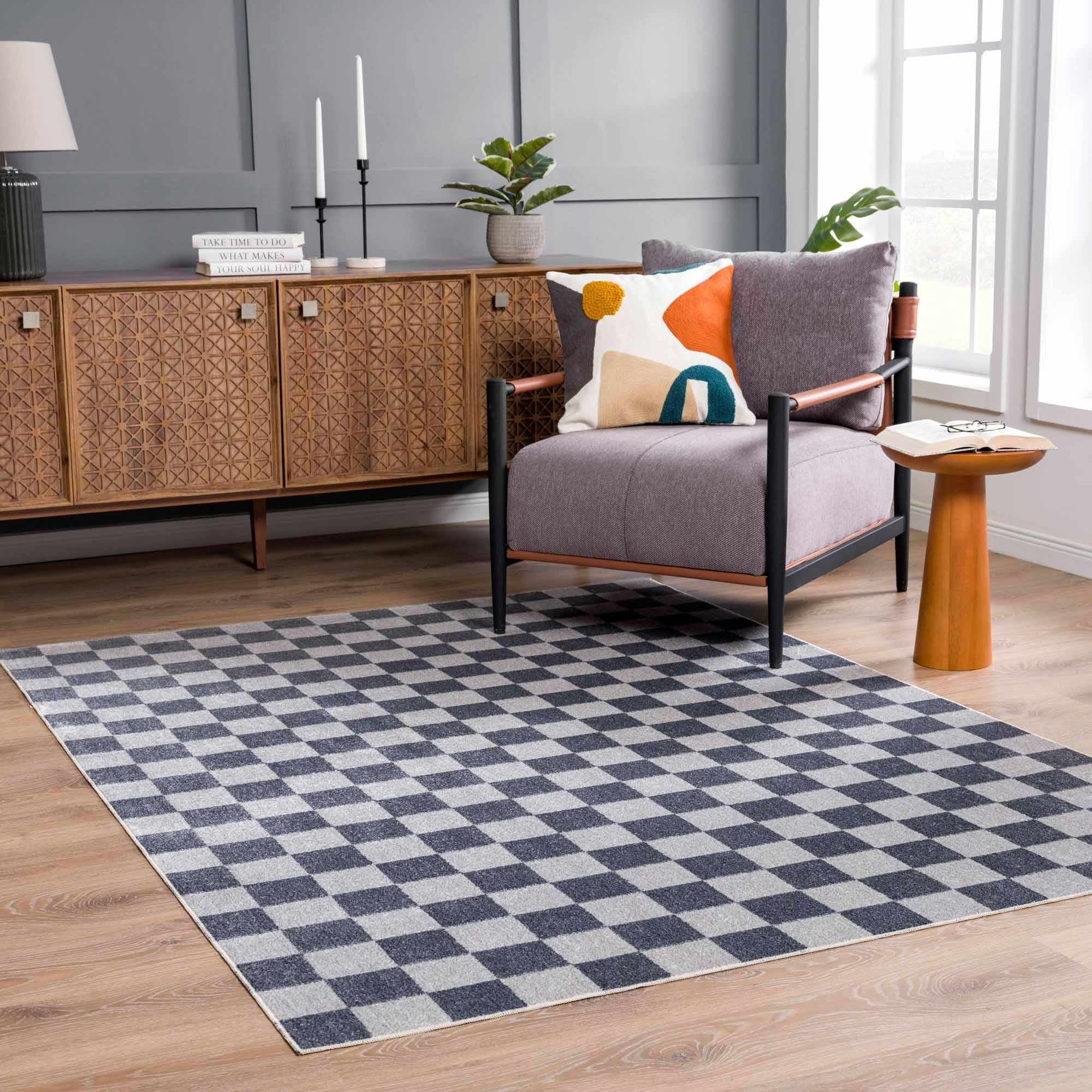 Hauteloom Alia Living Room, Bedroom Machine Washable Area Rug - Farmhouse - Ivory, Blue, Gray - 6'7" Round