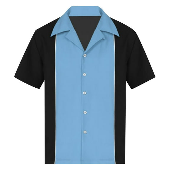 Mens Button Down Shirt Camp Collar Retro Vintage Bowling with Pocket Casual Short Sleeve Beach Summer Blue L