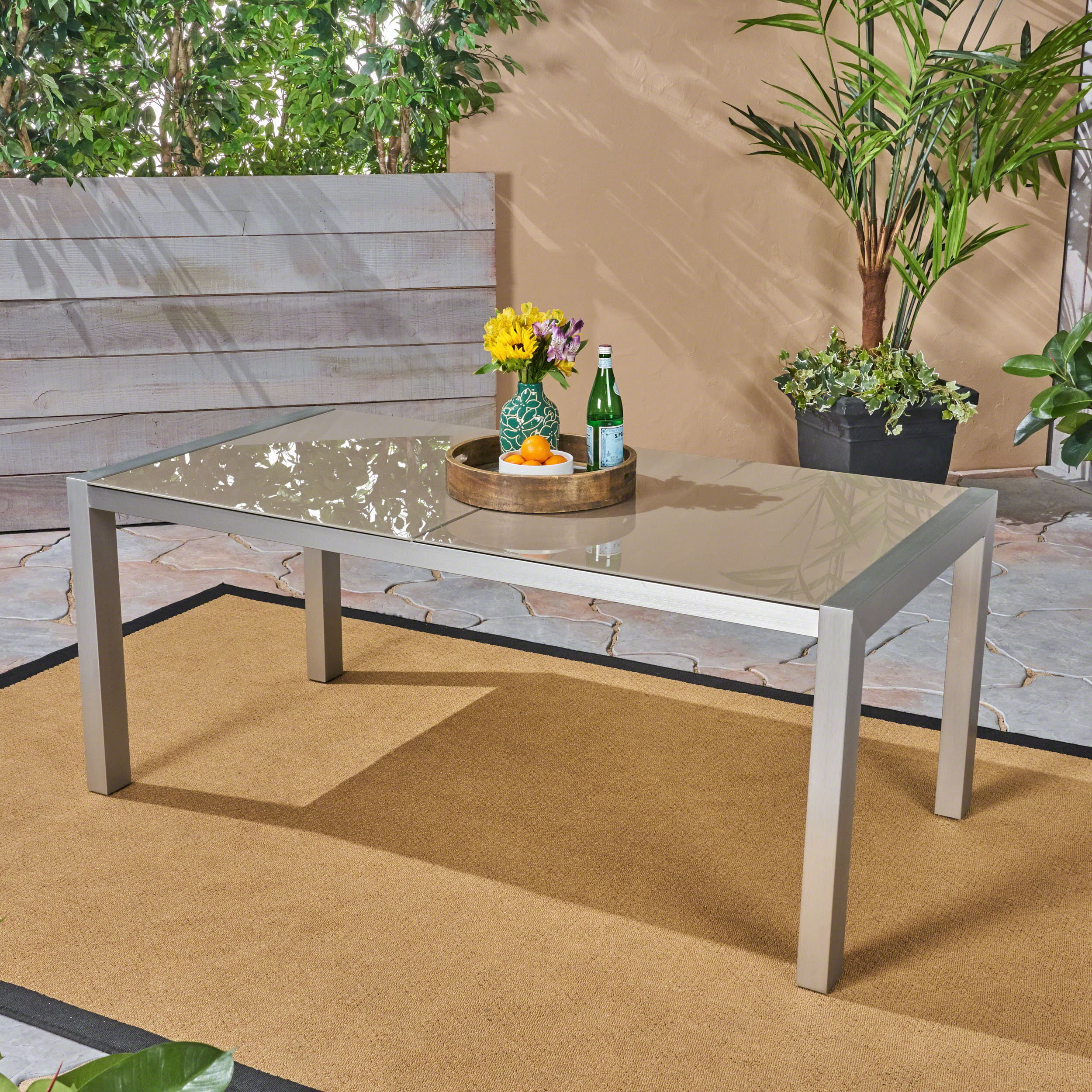 Crane Outdoor Tempered Glass Dining Table with Aluminum Frame, Silver