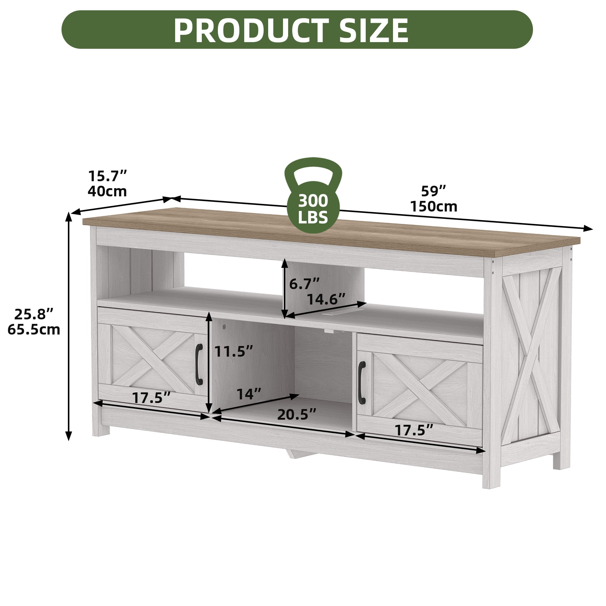 Uforic 59 Inch Rustic TV Cabinet Fits 55/65 Inch TVs, with Side X-Brace Decor, Built-in Charging Station & Partitioned Open Storage Shelves, Home Living Room, Beige + White