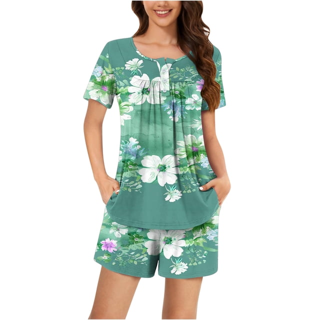Conjunto de Ropa de Salón de las Mujeres Impreso Cuello Redondo Manga Corta Superior Y Pantalones, Ropa de Casa Suave Dos Piezas
