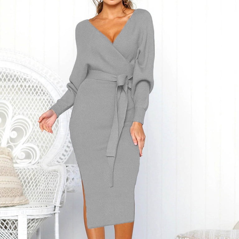 Knitted Sweater Wrap Midi Dress Womens Puff Long Sleeve V Neck Tie Waist  Bodycon Split Pencil Dress with Belt (3X-Large, Gray) - Walmart.com