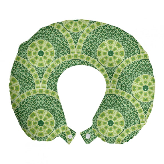 Ethnic Travel Pillow Neck Rest, Repetitive Overlapped Creative Antique Cultural Circle Ornaments, Memory Foam Traveling Accessory Airplane and Car, 12", Green Lime Green, by Ambesonne