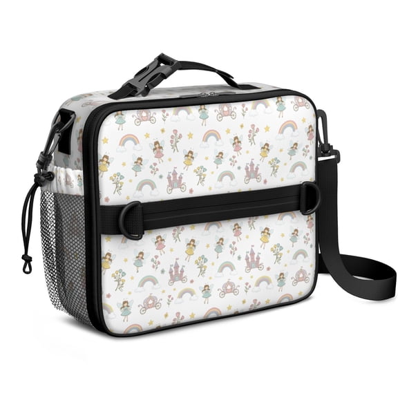 Princess and Carriage White Pattern Insulated Lunch Bag with Shoulder Strap and Bottle Holder,Bento School Lunch Bag Box,11x9.5x3.5 Inches