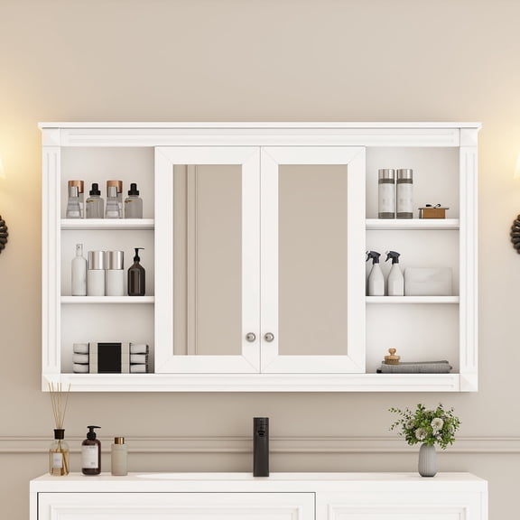 47 Inch Bathroom Mirror Cabinet, Wall Mounted with Adjustable & Open Shelves, White Modern