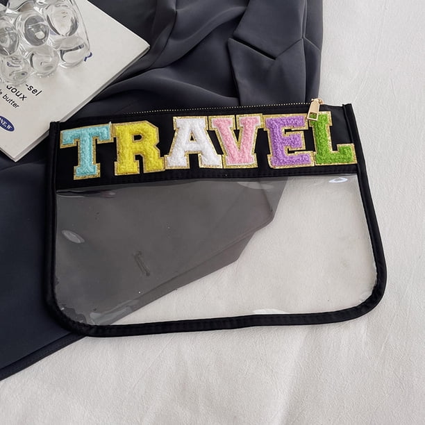 Bolsas De Cosméticos Bolsa plana transparente con letras de chenilla, bolsa de maquillaje de PVC impermeable, organizador de bolsas para aperitivos Tmvgtek Para Estrenar