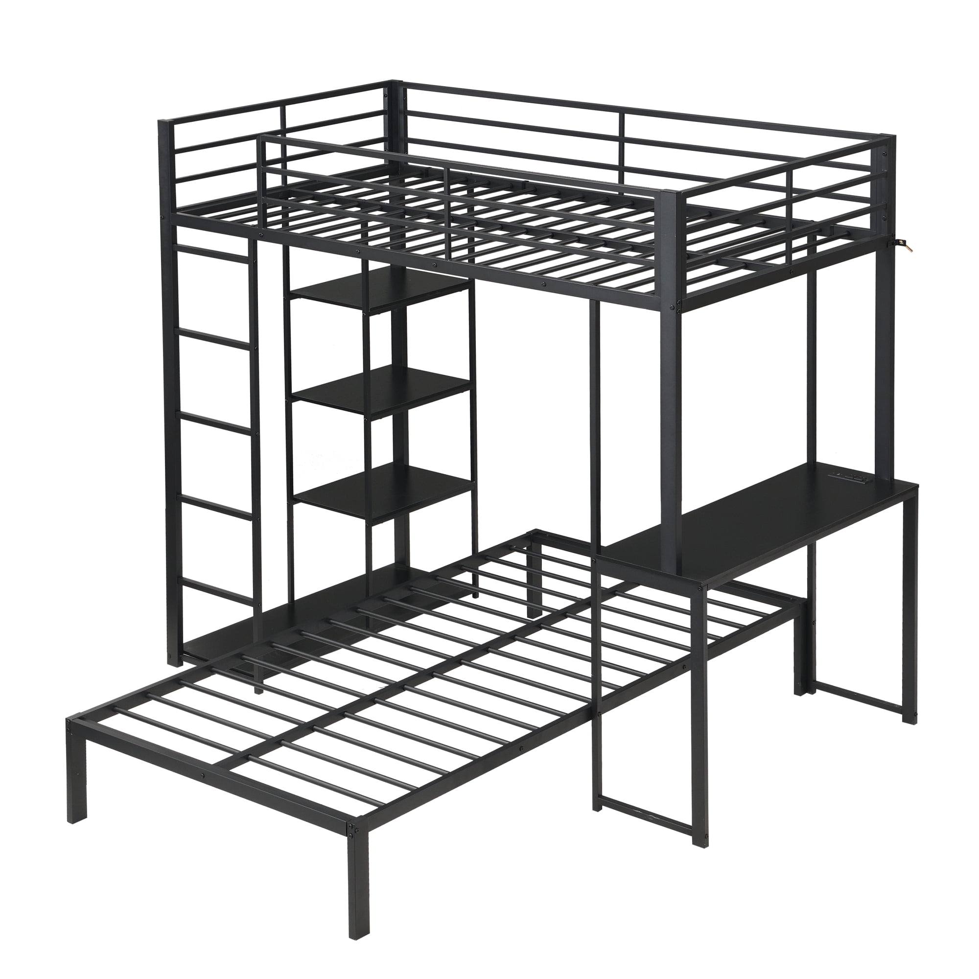 Leumius Twin over Twin Metal Loft Bed Frame with LED Light Strip, Side Storage Shelves & Built-in Desk, Metal Bunk Bed for Dorm Apartment Guest Room