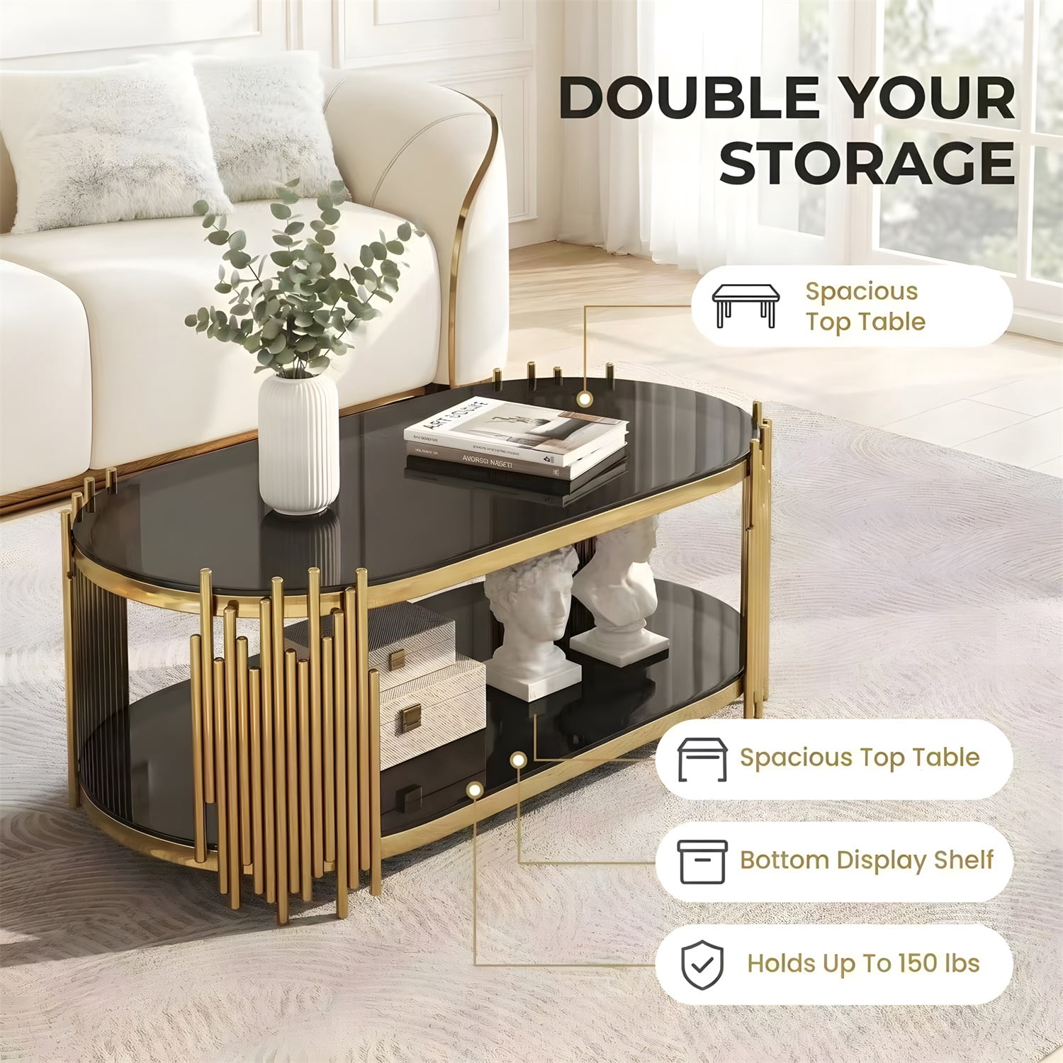 Hommoo Modern Oval Coffee Table with 2-Tier Tempered Glass Shelves, Stainless Steel Organ Pipe Base, Living Room Center Table, Black & Gold