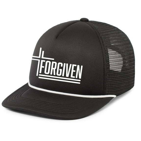 Forgiven Cross Christian Mens Hat Embroidered Foam Front Mesh Rope Back Trucker Baseball Cap, Black/White