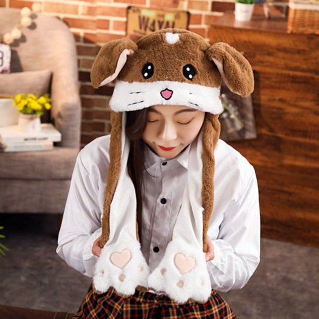 Lindo juguete con un mechón de gorro de actividad con orejas largas, gorro con bolsa de aire con orejas de conejo, regalo infantil para mujeres en otoño e invierno.