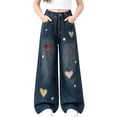 thumbnail image 2 of Spazoro Girls Denim Pants with Pockets, Elastic Waist Button Closure Loose Fit Wide Leg . Heart Plaid Print Casual Wide Leg Trousers Blue Size 5-6, 2 of 9