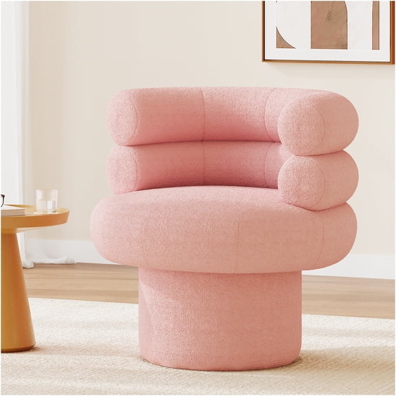 JERFIT Pink Teddy Fabric Swivel Accent Chair, 360° Rotating Barrel Chair with Plush Cushion for Living Room, Bedroom, Office, Vanity