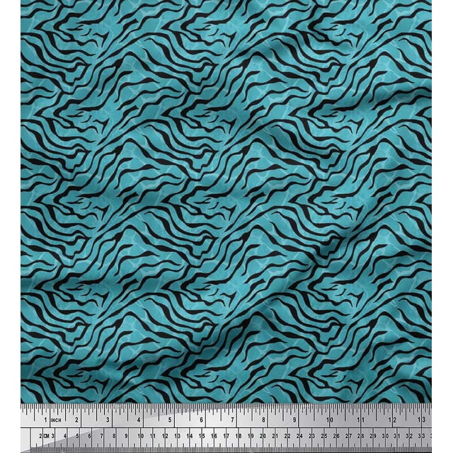Soimoi Blue polyester Crepe Fabric Tiger & Giraffe Animal Skin Print Sewing Fabric BTY 42 Inch Wide