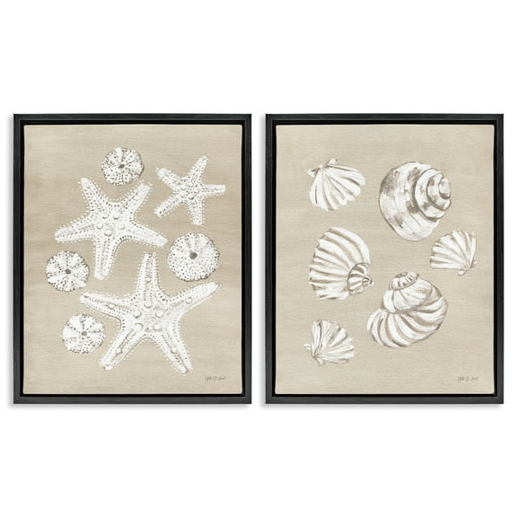 Stupell Industries Beach Treasure Starfish Shells Nautical & Beach Painting Black Floater Framed Canvas Art Print Wall Art, 17 x 21, Set of 2