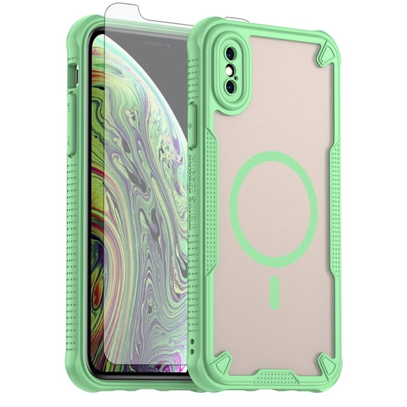 Asuwish Phone Case for iPhone Xs 10s Compatible with Magsafe Magnetic Tempered Glass Screen Protector Translucent Matte Back Shockproof Protective Cell Cover iPhoneXs i PhoneSX 10xs Women Men Green