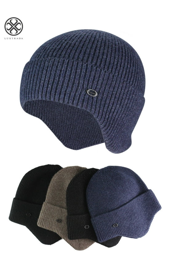 Mens Peaked Knit Winter Warm Fleece Lined Cap Knit Earflap Hat Stocking Caps with Ears Warm Hat (Navy Blue)