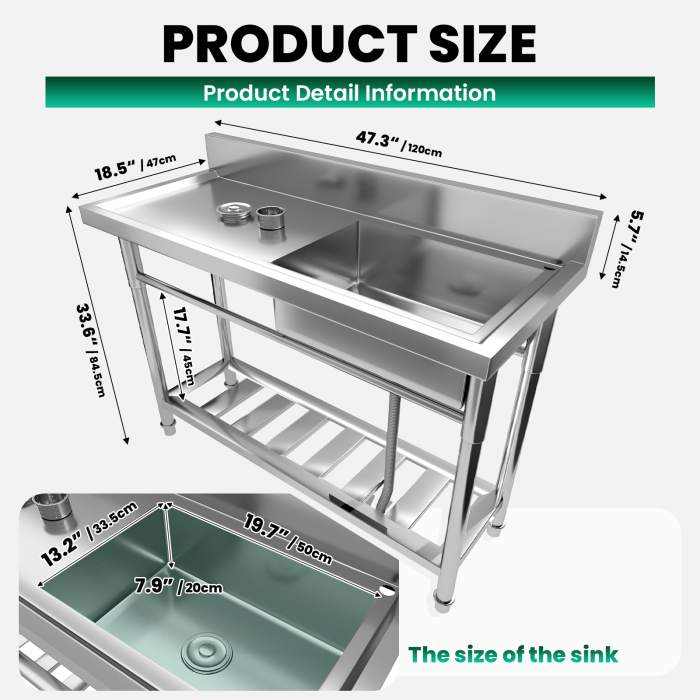 ​​Stainless Steel Utility Sink (Single Bowl), 47.3" Full Length, 198 lb Workbench, Commercial Kitchen Sink for Restaurant, Farm, Laundry Duty