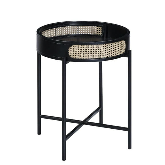 Bert 24 Inch Round End Table Rattan Apron Accent Metal Legs Black - Saltoro Sherpi