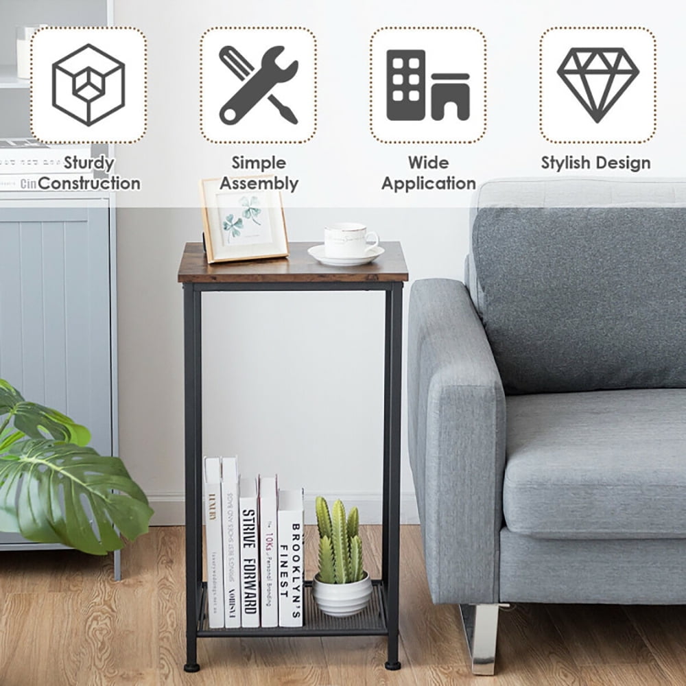 Finihen End Table, 2-Tier Industrial End Table with Metal Mesh Storage Shelves, Sofa Side Table, Bed Side Table, for Living Room, Bedroom, Brown Finihen End Table, 2-Tier Industrial End Table with Metal Mesh Storage Shelves, Sofa Side Table, Bed Side Table, for Living Room, Bedroom, Brown
