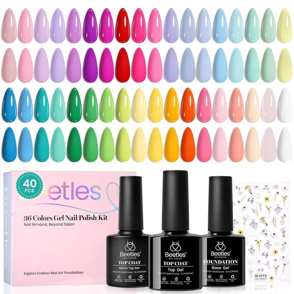 Beetles Pastel Gel Polish Set, Petal Symphony Collection,36 Colors | Pink Red Green Blue Color Gel Polish Set, 40pcs Base&Glossy Matte Top Coat UV LED Nail Art