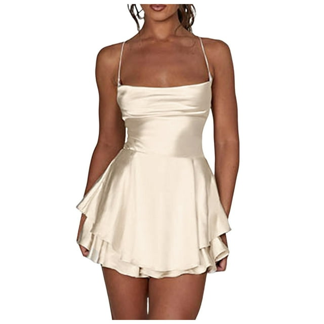 Women Sexy Backless Short Romper Satin Dress Cowl Neck Tie Ruffle Layer Spaghetti Strap Jumpsuit Mini Dress