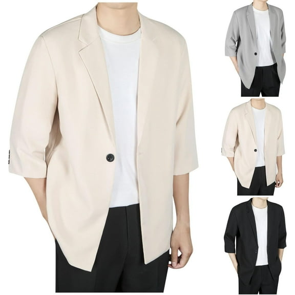 FRSASU Men's Coat Slim Fit 3/4 Sleeve Lapel Padded Shoulder Single Breasted Top Coat Winter Business Jacket with Pocket Gray