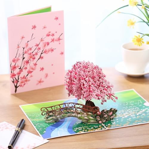 Cherry Blossom Pop Up Card, 3D Popup Flower Birthday Card 6x 8", Ideal Gift for Birthday, Mothers Day, Thank You, Anniversary, Valentines, All Occasion for Women, Wife, Mom, Sister, Grandma, Her