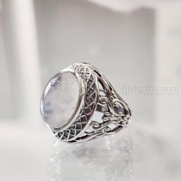 Rainbow Moonstone Mens Ring, Natural Blue Fire Rainbow Moonstone, Silver Jewelry, 925 Silver Ring, Birthday Gift, Heavy Mens Ring, Arabic Design, Ottoman Style Ring, Christmas, Turkey Mens Signet Ring