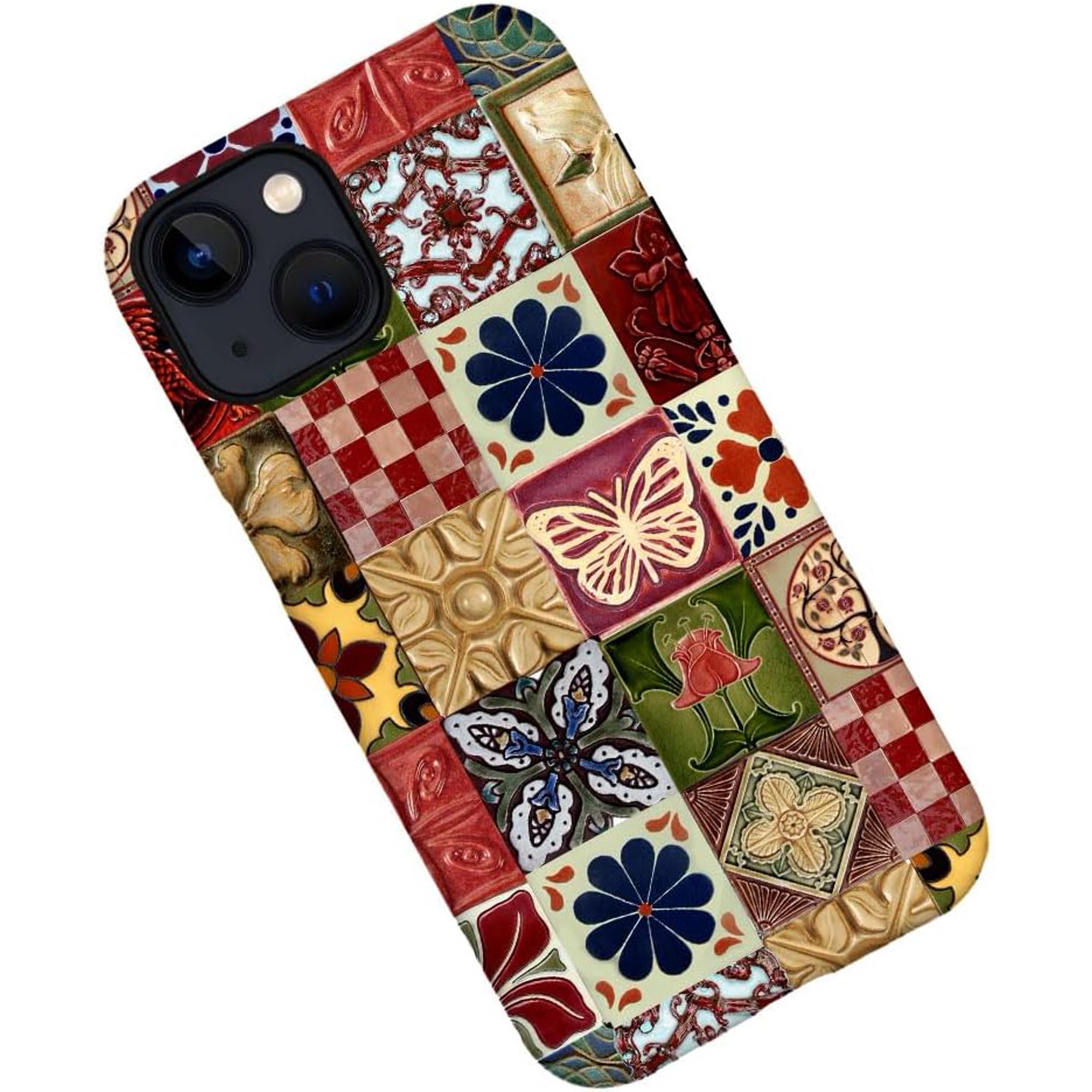 Case for iPhone 15, Retro Floral Butterfly Mosaic Collage Phone Case Military-Grade Drop Protection Cover for Women Girl - Frosted