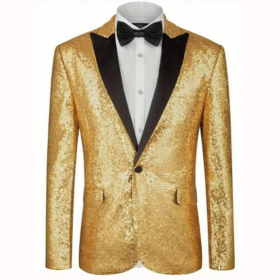 LNWUY Mens Sequin Dress Coat Lapel Single Button Slim Fit Tailcoat Dinner Party Wedding Blazer Suit Jacket Gold S