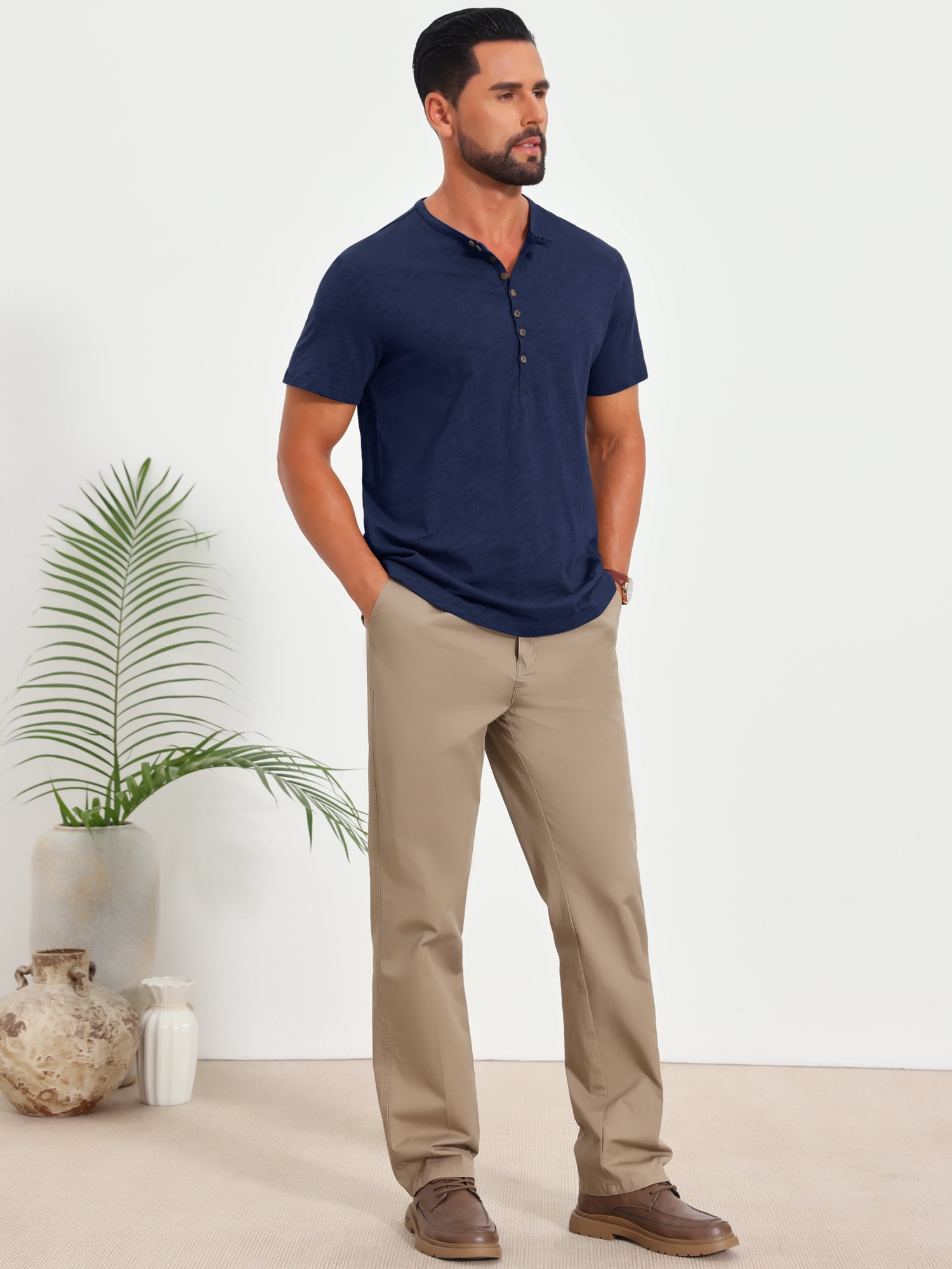 DARING DIVA Men's Retro Henley Texture Button Down Short Sleeve T-Shirt M Navy Blue