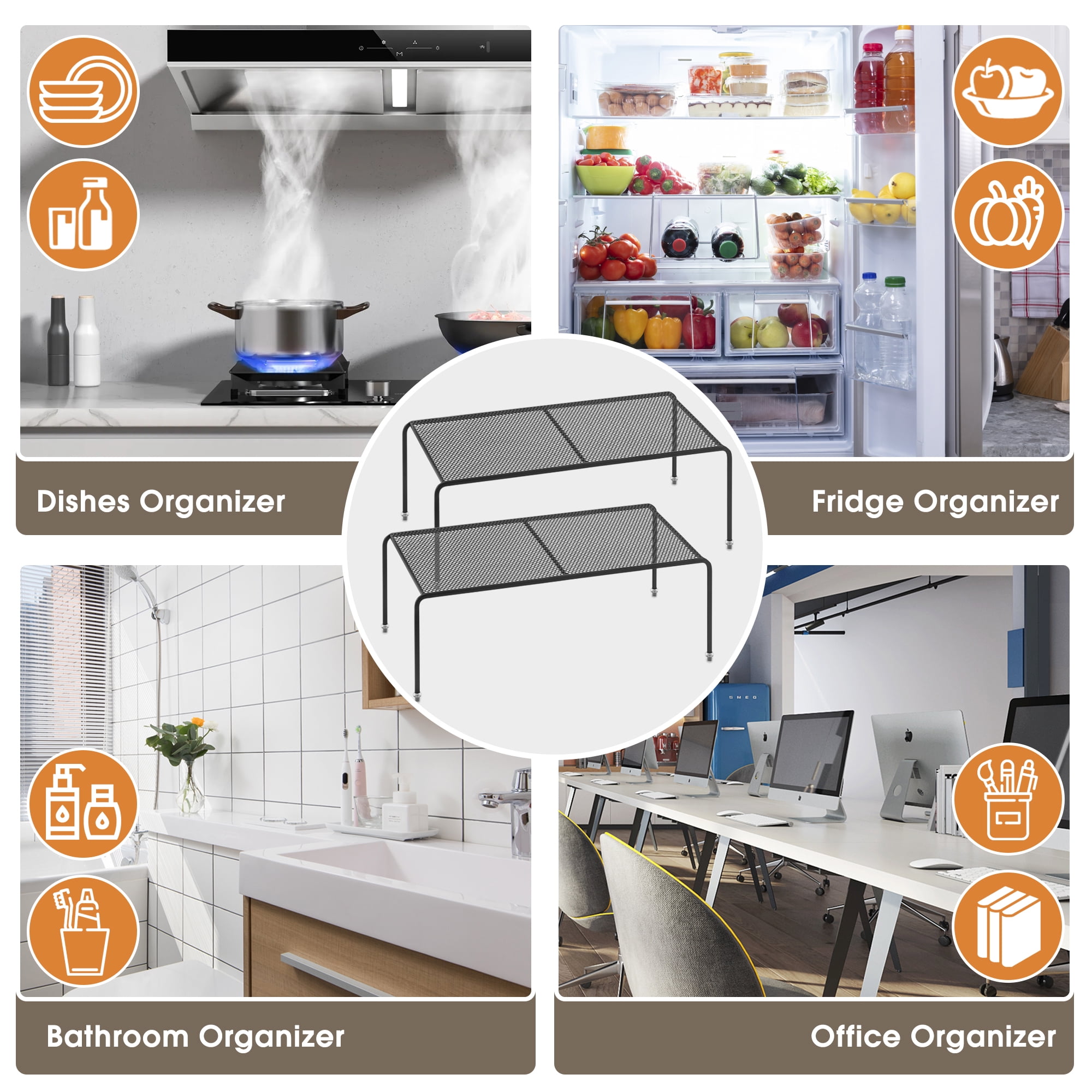 ROFAY Set of 4 Metal Kitchen Countertop Shelf Riser Organizer for Cabinets, Fridge, and Pantries - Black