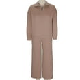 thumbnail image 6 of Women's 2PC Sweatsuit Suit Long Sleeve Quarter Zip Stand Collar Pullover Sweatshirt Elastic Waist Wide Leg Pants Loungewer Set with Pockets Khaki L, 6 of 6