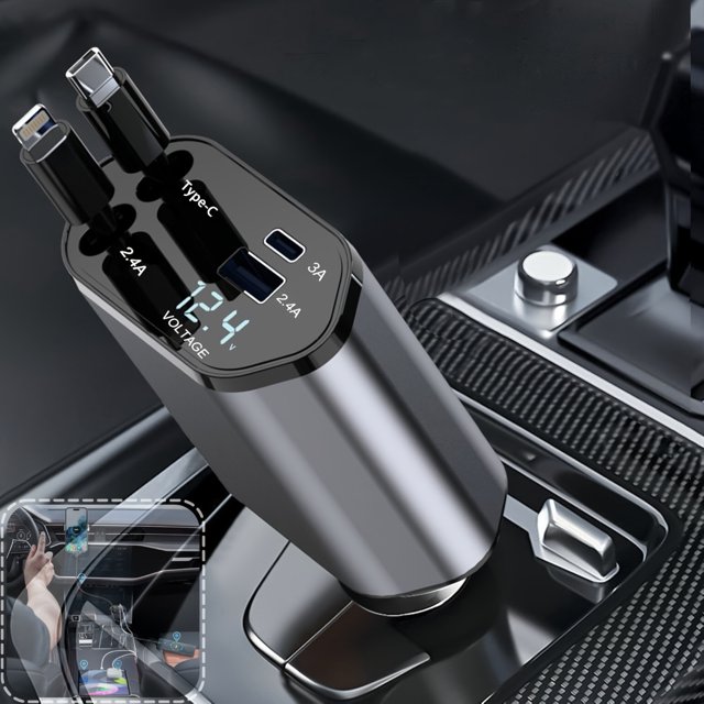 CHOK 60W Fast Car Phone Charger with 4-in-1 Retractable Cable USB Car Charger Compatible For 11/12/13/14/15/Pro Max For SamSung For Galaxy S23/22 Pixel and For iPad Pro