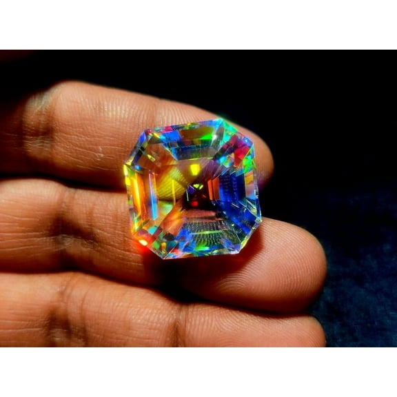 MYSTIC OPAL GEMSTONE Faceted Mystic Opal Loose Gemstone Beautiful Rainbow Fire Mystic Gemstone 45 CT Asscher Cut Pendant Size 22X22X15MM