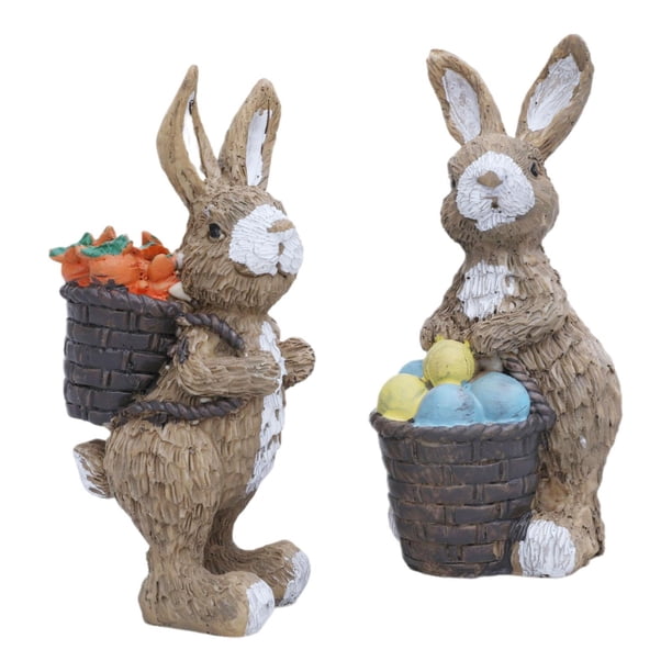 Figura de conejo de Pascua de 2 piezas, decoración de primavera, adorno de mesa, escultura de conejo de resina para oficina, balcón, terraza, casa y j