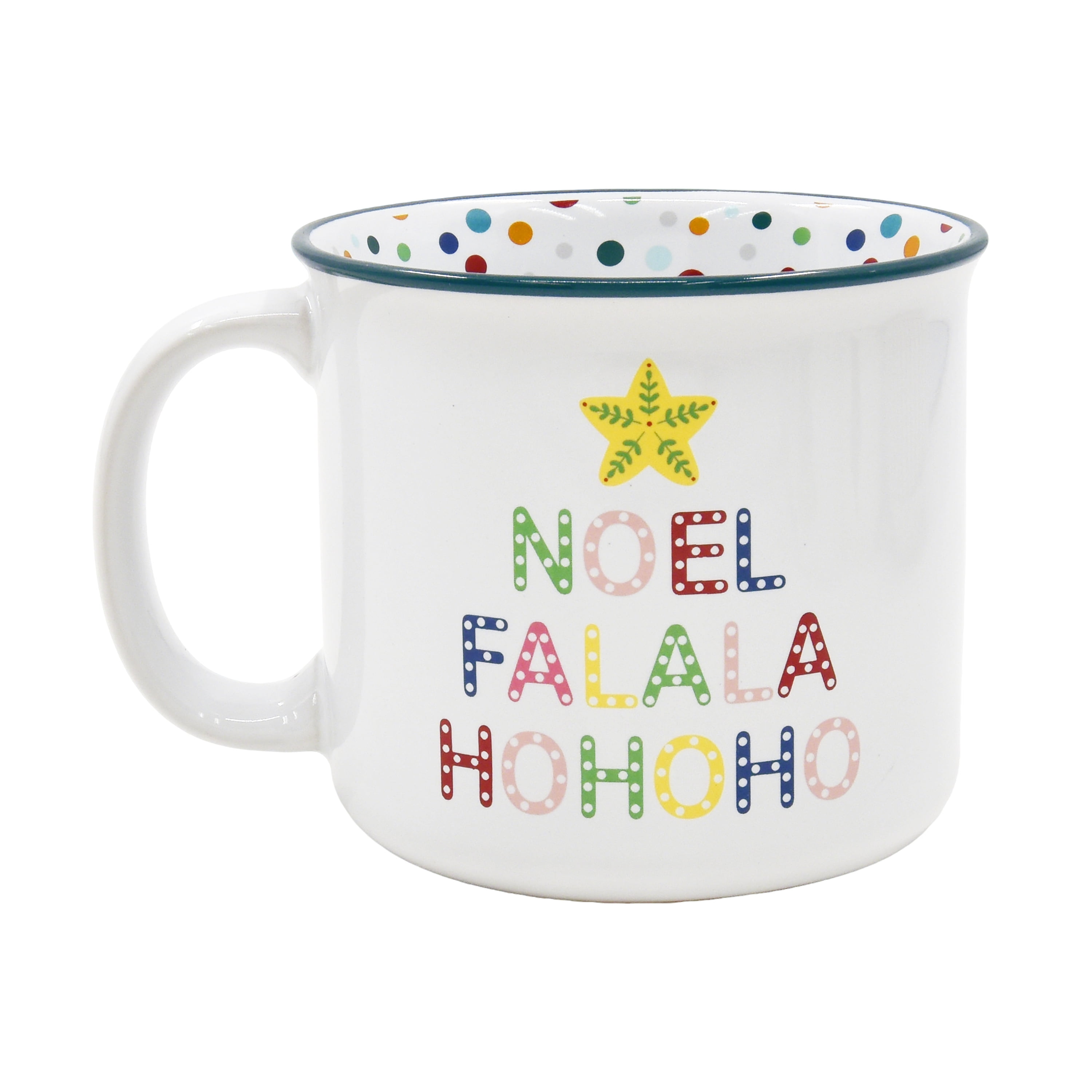 Tasse festive en grès Holiday Time de 15 onces avec inscription « NOEL FALALA HOHOHO » et bord bleu À Pois
