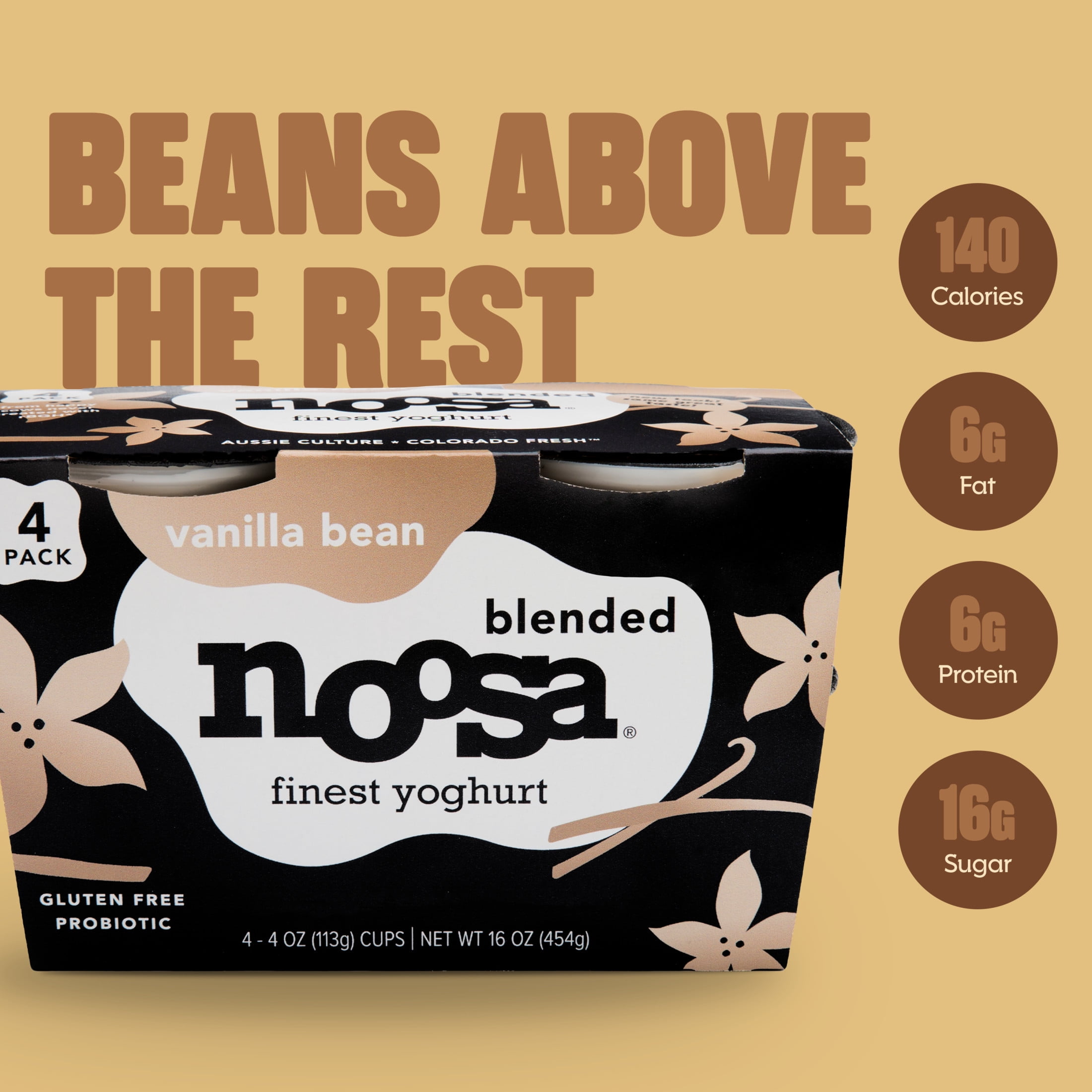 Noosa Yoghurt, Blended Whole Milk Yogurt, Velvety Smooth & Creamy, Vanilla Bean, 4 oz, Pack of 4