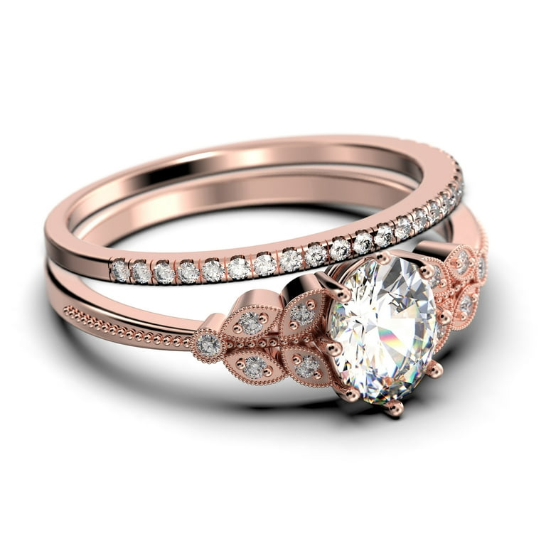 Gorgeous Boho hippie 2.00 Carat Oval Cut Vintage Look Diamond Moissanite Engagement Ring Set Wedding Ring in 925 Sterling Silver With 18k Rose Gold