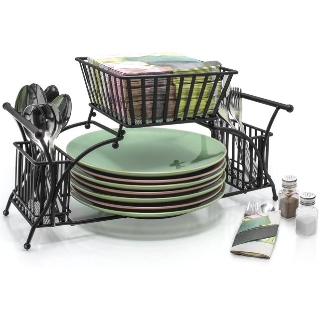Sorbus Organizador de Utensilios para Buffet Incluye Servilletas, Utensilios y Portaplatos. Apilable y Desmontable. Ideal para Entretenimiento, Buffet, Cocina, Comidas, Picnics, Etc. (Negro).