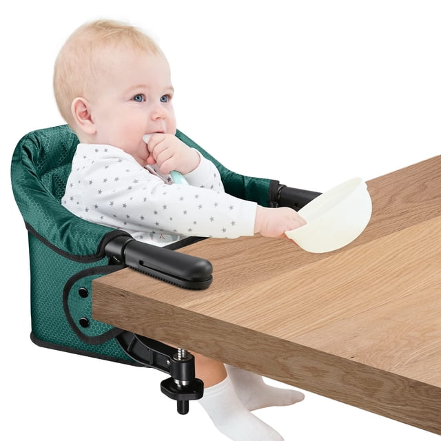 Silla con gancho, diseño seguro y de carga alta, almacenamiento plegable y clip de fijación apretado en la silla alta de mesa, cojín de asiento extraíble, se fija a la silla de mesa rápida (verde oscu