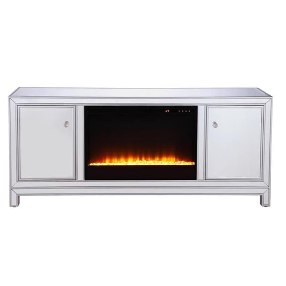 60 in. Modern Mirrored TV Stand with Crystal Fireplace Insert - Antique Silver