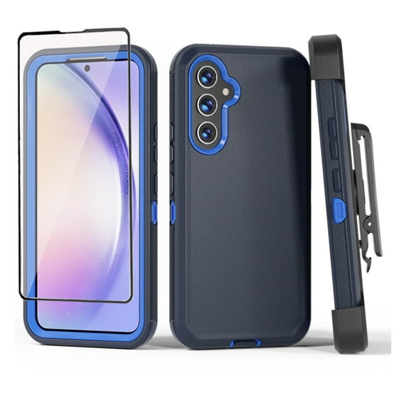 Xhy Samsung Galaxy A54 5G Case with Screen Protector and Belt Clip Holster Military Grade Heavy Duty 3 in 1 Shockproof Armor Rugged Durable for Galaxy A54 5G Phone - Dark Blue Blue