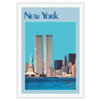 New York City - Twin Towers Statue of Liberty - Vintage Travel Poster c.1970 - Fine Art Rolled Canvas Print 27in x 40in