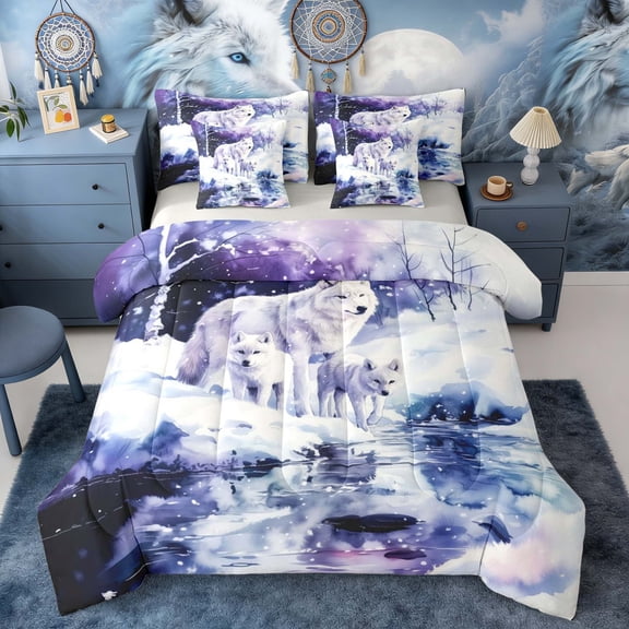 Erosebridal Watercolor White Wolf Family Print Twin Bedding Sets, Snowy Winter Bedding Comforter Set for Men and Women, Navy Reversible 7pcs